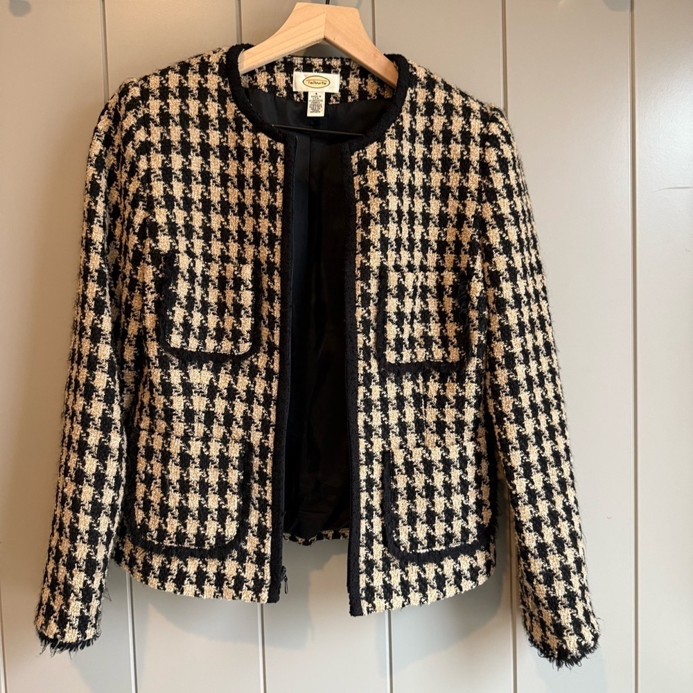 Talbots Houndstooth Tweed Blazer Jacket Size: 4 Wool Blend Pockets Zipper Front - Picture 4 of 13